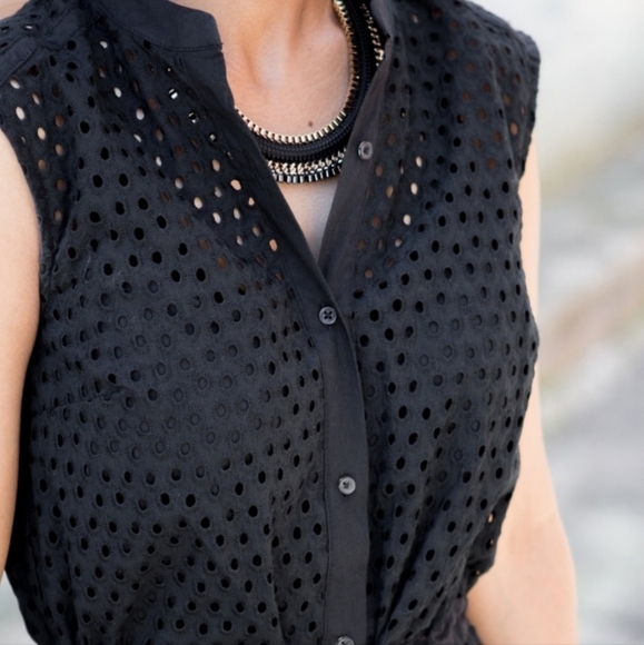 Who What Wear Blk Button Front Eyelet Dress Sleeveless w Drawstring Waist - Picture 1 of 15